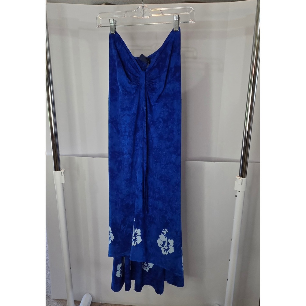 Kisses & Hugs Blue Hibiscus Batik Strapless Maxi Dress Smocked Small Bali Rayon